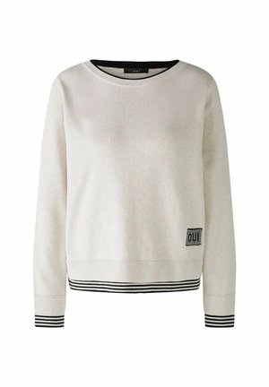 Helle beigefarbene Sweatshirt aus strukturiertem Stoff, mit einem schwarzen gerippten Rundhalsausschnitt und gestreiften Akzenten an den Ärmelbündchen und dem Saum. Markenlogo an der Seite.