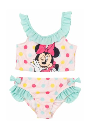 Costume da bagno a due pezzi di Minnie Mouse con tessuto rosa decorato con pois multicolore, dettagli arricciati in azzurro chiaro e grafica del personaggio sulla parte superiore.