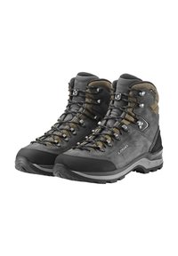 Wanderstiefel aus schwarzem und grauem Leder mit braunen Akzenten, ausgestattet mit metalischen Schnürhardware und einer robusten Gummisohle für zusätzliche Traktion.