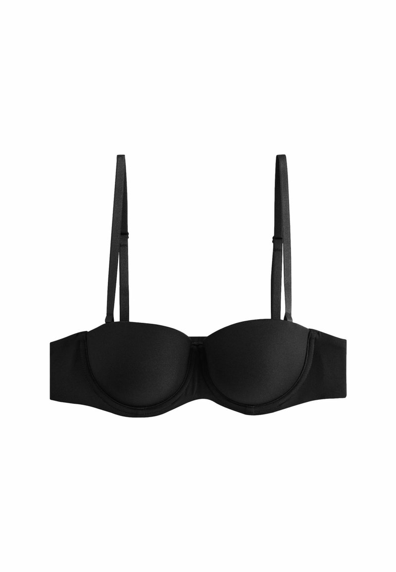 Reggiseno imbottito nero con spalline sottili regolabili, texture liscia, supporto con ferretto e silhouette strutturata.