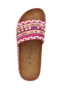 Infradito rosa con cinturino in tessuto intrecciato decorato con perline colorate. Soletta imbottita marrone con logo del marchio e taglia.