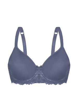 Blauer gepolsterter BH mit verstellbaren Trägern und Spitzenbesatz entlang des unteren Rands sowie einer Schleifendetail in der Mitte vorne.