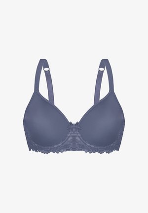 Blauer gepolsterter BH mit verstellbaren Trägern und Spitzenbesatz entlang des unteren Rands sowie einer Schleifendetail in der Mitte vorne.