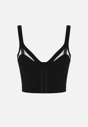 Top corto nero con spalline sottili, caratterizzato da pannelli in rete trasparente e coppe strutturate. Realizzato in tessuto morbido con dettagli di cuciture verticali.