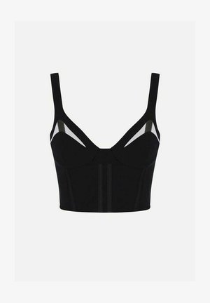 Top corto nero con spalline sottili, caratterizzato da pannelli in rete trasparente e coppe strutturate. Realizzato in tessuto morbido con dettagli di cuciture verticali.