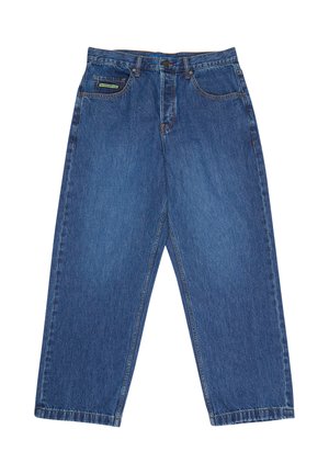 Blauwe denim wijde pijpen jeans met knoop- en ritssluiting aan de voorkant, vijf zakken en een klein rechthoekig merkembleem op de rechter voorzak.