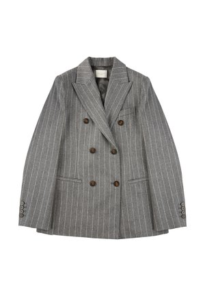Grijze dubbelgeknoopte blazer met witte streepjes, gemaakt van gestructureerde stof. Heeft bruine knopen, twee voorzakken en spitse revers.