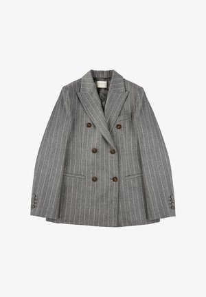 Grijze dubbelgeknoopte blazer met witte streepjes, gemaakt van gestructureerde stof. Heeft bruine knopen, twee voorzakken en spitse revers.