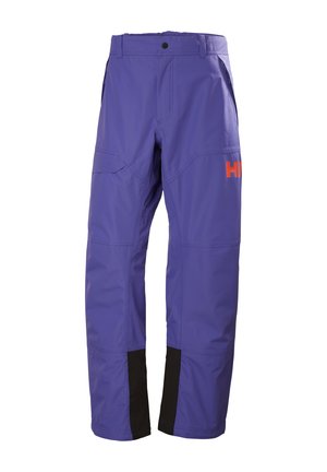 Paarse buitenbroek met zwart versterkte manchetten, ritssluiting aan de zijkanten en een rood logo op de rechterdij.