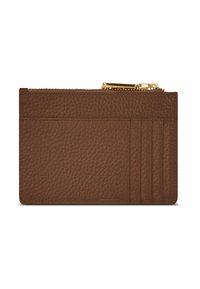 Porte-cartes en cuir marron avec une finition texturée, doté d'une poche zippée et de quatre fentes pour cartes d'un côté. Accents en métal doré.