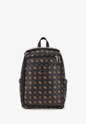 Black backpack with tan logo pattern, textured synthetic material, zippered front pocket, and top handle for carrying.