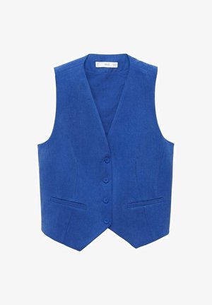 Gilet blu in pelle scamosciata con scollatura a V, dotato di cinque bottoni e due tasche frontali. Texture liscia e design su misura.