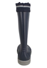 Zwarte rubberen regenlaarzen met een hoge, gladde schacht. Stof bovenkraag met grijze accenten. Getextureerde rubberen zool voor grip. Achteraanzicht.