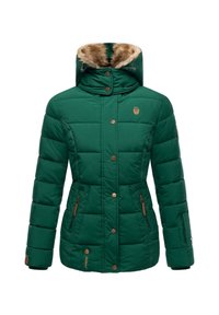 Green padded jacket with a faux fur-lined hood, zippered side pockets, and bronze hardware accents. Features a fitted silhouette and quilted design.