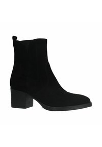 Stivale alla caviglia in suede nero con tacco a blocco, dotato di pannelli elastici laterali per una facile calzata e una finitura liscia e opaca.