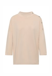 Světle béžový dlouhý rukáv top s vysokým výstřihem, knoflíkové detaily na rameni a uvolněný střih. Hladká tkanina a jednoduchý design.