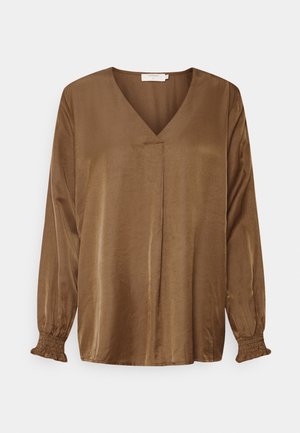 Bruine blouse met lange mouwen, V-hals en gerimpelde manchetten, gemaakt van glad, licht glanzend stof.