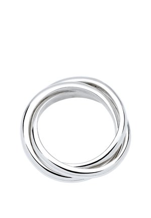 Tre sammenflettede ringe lavet af poleret sølvmetal. Glat overflade med en ensartet finish. Cirkulær form uden udsmykninger.