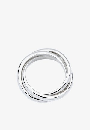 Three interlocking rings made of polished silver metal. Smooth surface with a uniform finish. Circular shape with no embellishments.