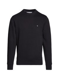 Juodas džemperis, pagamintas iš medvilnės mišinio, turi apvalią iškirptę, raštuotas rankogalius ir apatinę kraštą, su maža balta logotipo etikete ant krūtinės.