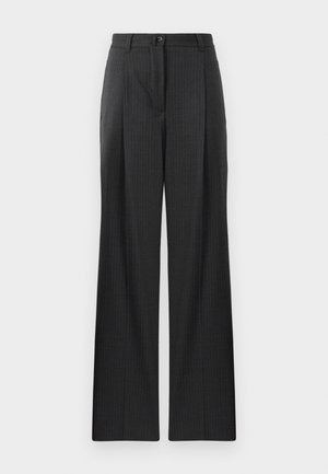 Gray pinstriped trousers with a straight-leg design, featuring a button closure and pleats at the front. Made of a smooth material.