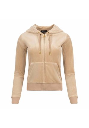 Sweat à zip beige en tissu doux, doté d'une poche kangourou, d'une capuche avec cordon réglable et de détails dorés sur la fermeture éclair.