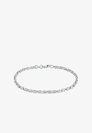 Silver chain bracelet with interlocking links, smooth texture, and a secure clasp. Simple design with a shiny finish.