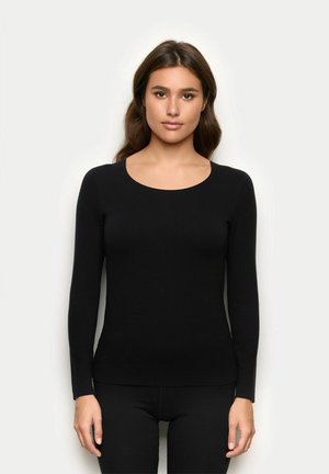 Black long-sleeve shirt with a round neckline, made of smooth fabric, fitted design, and no visible patterns or accents.