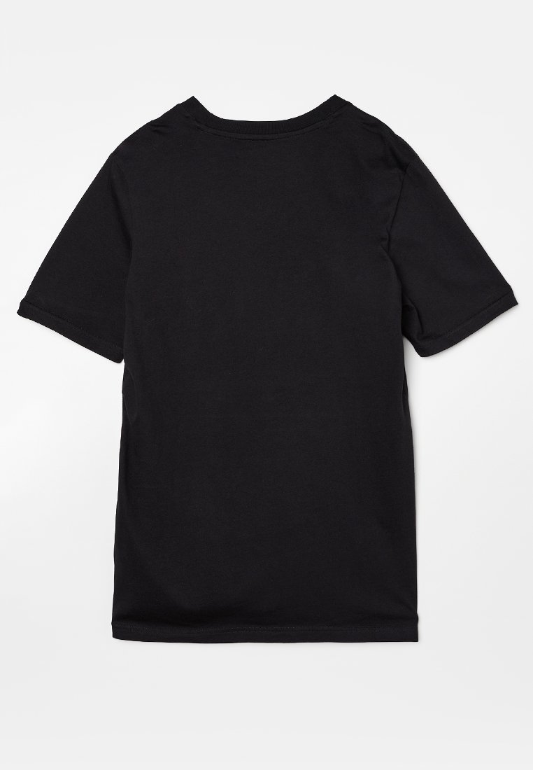 Czarna bawełniana koszulka z krótkimi rękawami, okrągłym dekoltem i gładką fakturą. Brak widocznych logo lub wzorów z tyłu.