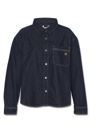 Donkerblauwe denim overhemd met knopen, een kraag, een borstzak en lichte stiksel-details. Bevat een logo op de zak. Lange mouwen.