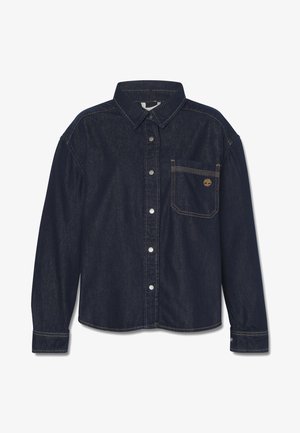 Dunkelblaue Jeanshemd mit Knopfleiste, Kragen, Brusttasche und hellem Stickdetails. Mit Logo auf der Tasche. Lange Ärmel.
