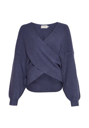 Pull en maille bleu marine avec col en V style cache-cœur, manches longues bouffantes et poignets et ourlet côtelés.