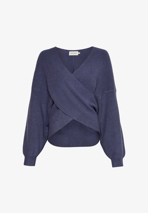 Pull en maille bleu marine avec col en V style cache-cœur, manches longues bouffantes et poignets et ourlet côtelés.