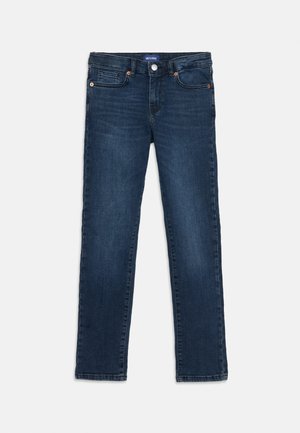 Ciemnoniebieskie jeansy slim fit z kieszeniami z przodu i z tyłu, z zapięciem na guzik oraz subtelnym starzeniem na obszarze ud.