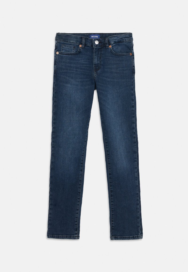 Mörkblå smala jeans med fram- och bakfickor, knappstängning och subtil blekning på lårområdena.