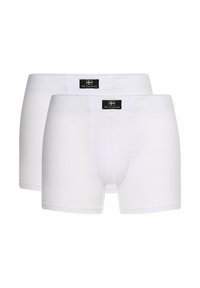 Weiße Baumwollboxershorts mit glatter Textur, elastischem Bund und einem kleinen schwarzen Logoschild an der Vorderseite. Zwei Paare enthalten.