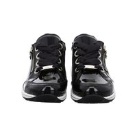 Pair of black shiny leather sneakers with thick black laces, side zippers, and white rubber soles shown from the front.