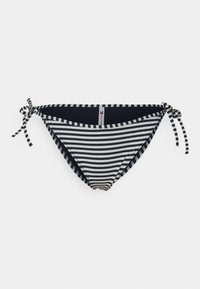 Striped bikini bottom featuring navy and white horizontal stripes, adjustable tie sides, and a smooth texture. Double-stitched edges.