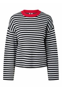 Pull à manches longues rayé noir et blanc horizontal avec col rond rouge, coupe ample et épaules tombantes.
