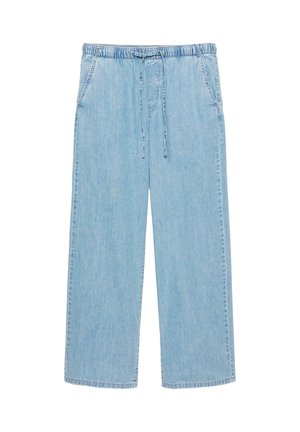 Pantalon large en denim bleu clair avec taille élastique et cordon de serrage, doté de poches avant et d'une coupe décontractée.