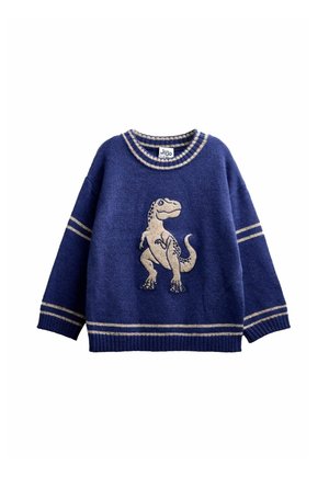 Sinine laste kampsun beežide dinosauruse kujundusega ees ning beežid triibud krae, mansettide ja ääre peal.