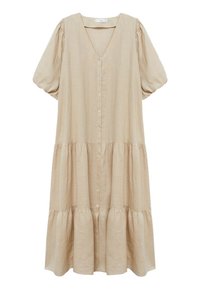 Vaaleanbeige pellavainen maksi-mekko, jossa on puffihihat, V-pääkallo, nappisuljenta ja kerroksellinen hame. Pehmeä rakenne, kevyt kangas, minimalistinen muotoilu.