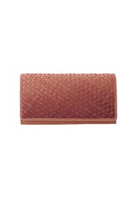 Woven leather wallet in pinkish-brown, featuring a textured braided pattern. Rectangular shape with stitched edges and a sleek design.