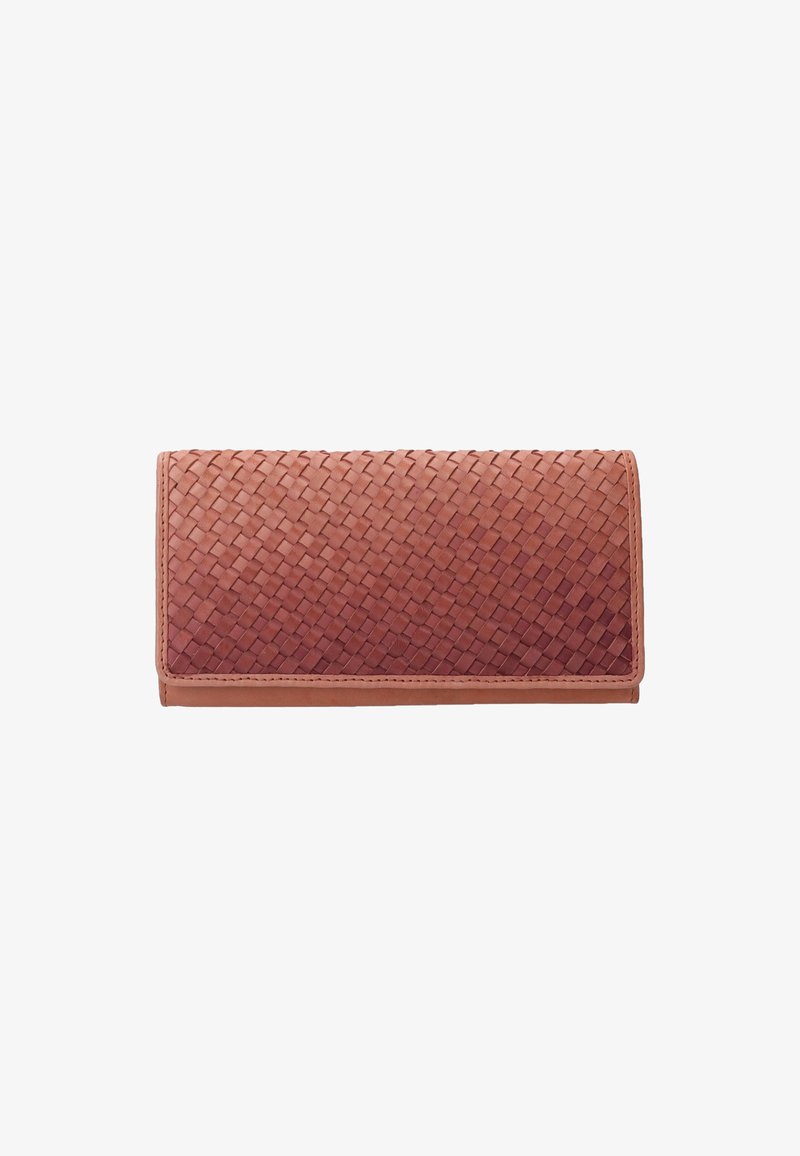 Portefeuille en cuir tissé de couleur brun rose, avec un motif tressé texturé. Forme rectangulaire avec des bords surpiqués et un design élégant.