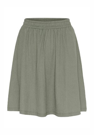 Jupe verte texturée avec une taille élastique, présentant un design évasé et une coupe mi-genou.