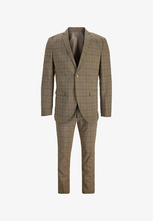 Braun karierter Anzug mit einem einreihigen Jackett und passenden Hosen. Verfügt über subtile blaue und grüne Linien, eine glatte Textur und einen einzelnen Knopf.