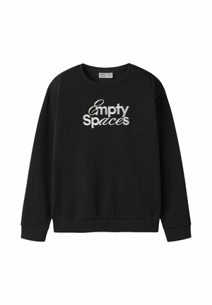 Sweat-shirt noir col rond avec texte blanc "Empty Spaces" en polices mixtes sur le devant, manches longues, et poignets et ourlet côtelés.