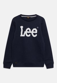 Granatowy sweter wykonany z bawełny, z dużym białym logo "Lee" z przodu. Ribbowane mankiety i dół, z małą metką logo.