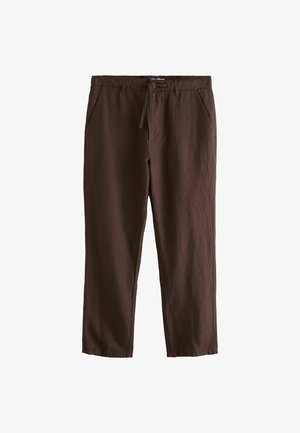 Brown casual pants with belt loops, front pockets, and a drawstring waist, displayed on a white background.