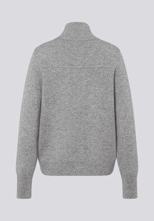 Gray sweater with a high collar and long sleeves. Soft texture and knit design, featuring a clean back without embellishments.